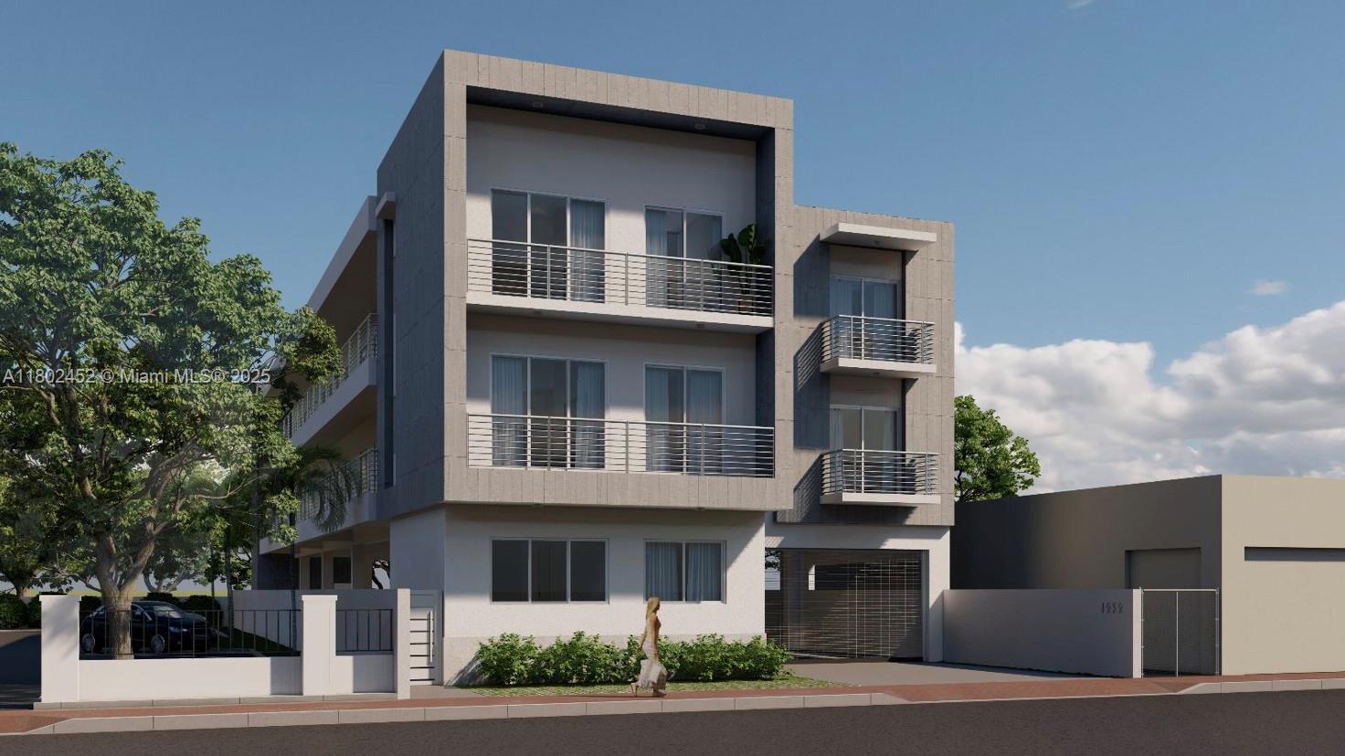 This is a digital rendering of a modern three-story apartment building with balconies and parking — 1527 NW 2nd St, Miami FL 33125, MIAMI, FL