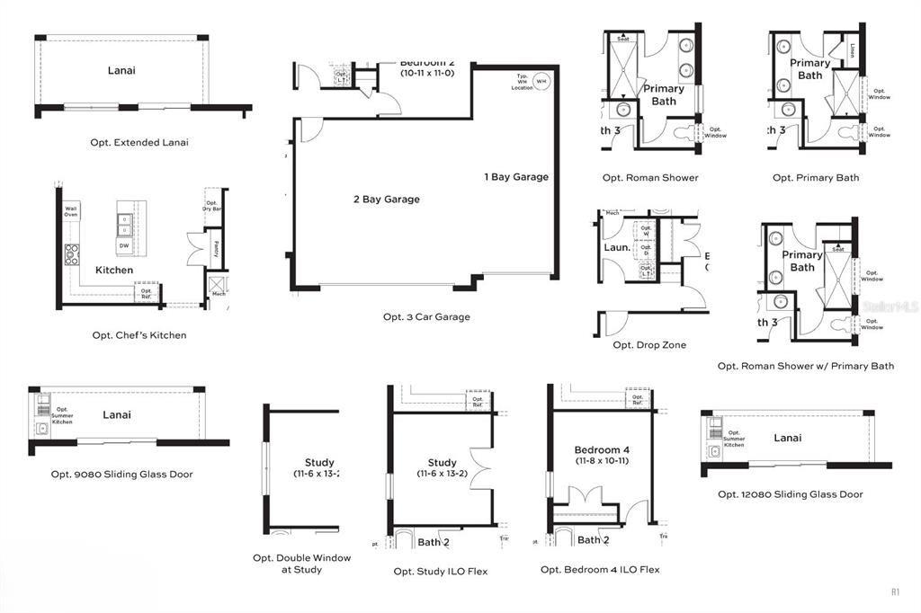 This image shows various optional floor plan configurations for a residential home — 30241 RUSTIC MILL STREET, MOUNT DORA, FL