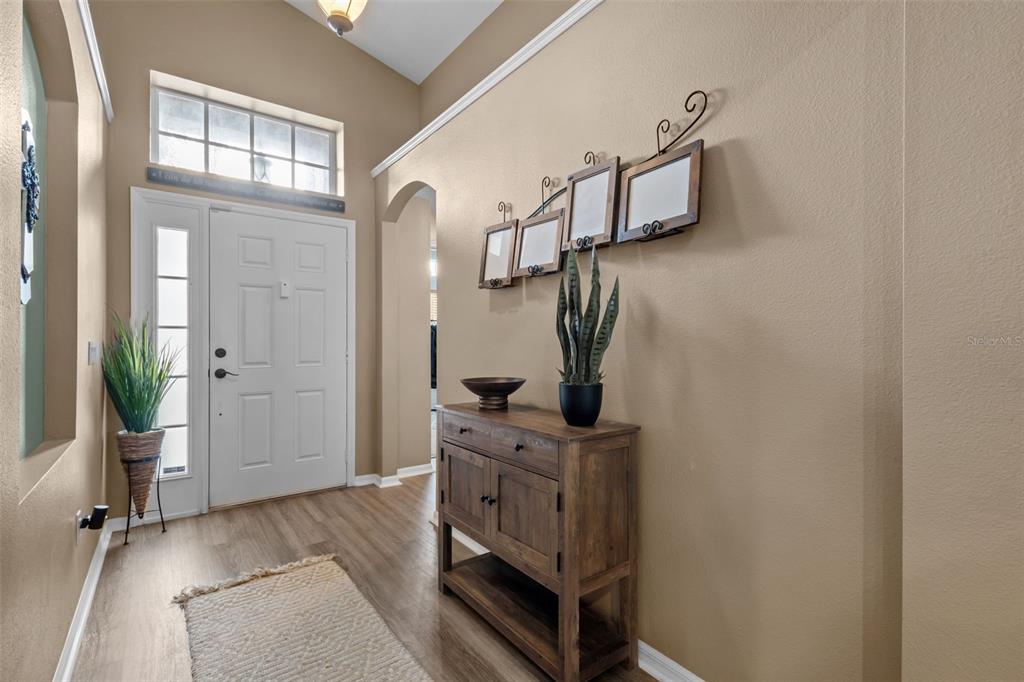 A foyer features wood-look flooring, a wooden console table, wall-mounted picture frames, and a front door — 4940 HIDDEN HILLS LANE, WESLEY CHAPEL, FL