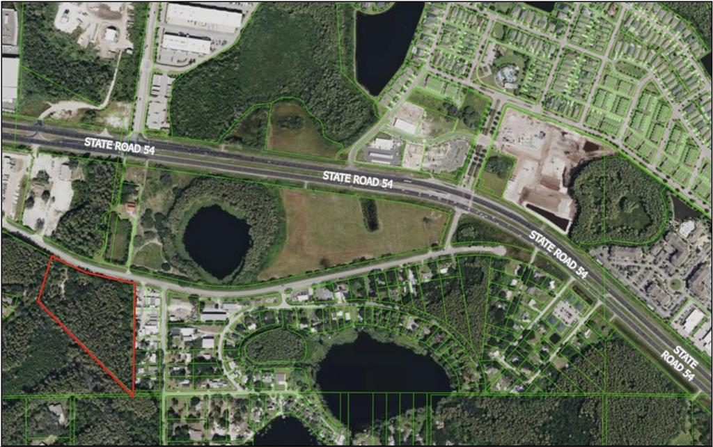An aerial map shows a parcel of land outlined in red near State Road 54 — 14356 BLACK LAKE ROAD, ODESSA, FL