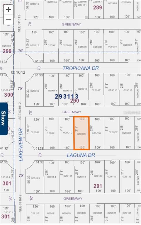 This is a plat map showing a highlighted rectangular parcel of land within a residential subdivision — 0 LAGUNA DRIVE, INDIAN LAKE ESTATES, FL