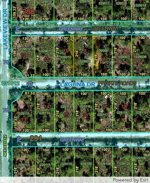 This is a satellite map showing residential land parcels with lot dimensions and road names — 0 LAGUNA DRIVE, INDIAN LAKE ESTATES, FL