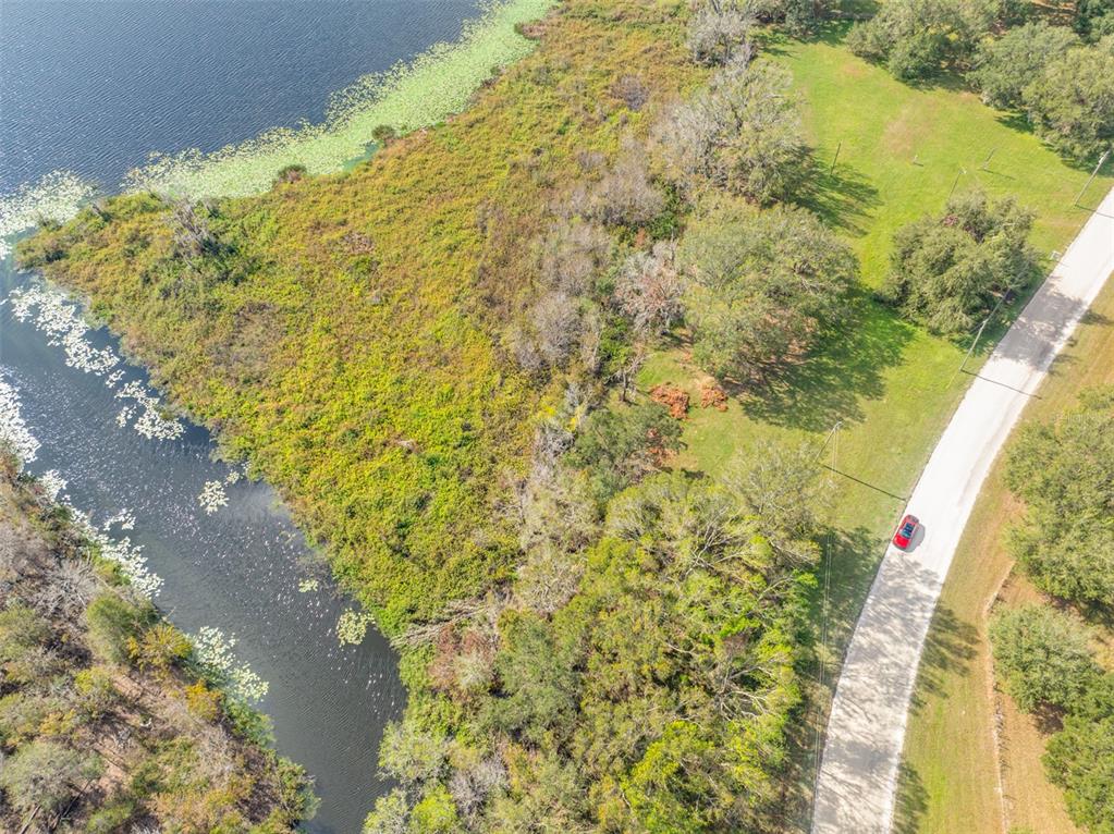 An aerial view shows a road running alongside a wooded lot bordering a lake — 0000 MCKENDREE ROAD, WESLEY CHAPEL, FL