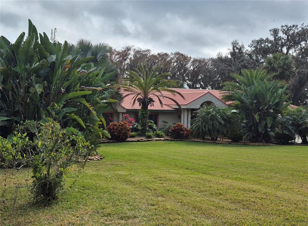 A single-story house with a red metal roof sits behind a large green lawn — 4345 CORLEY ISLAND ROAD, LEESBURG, FL