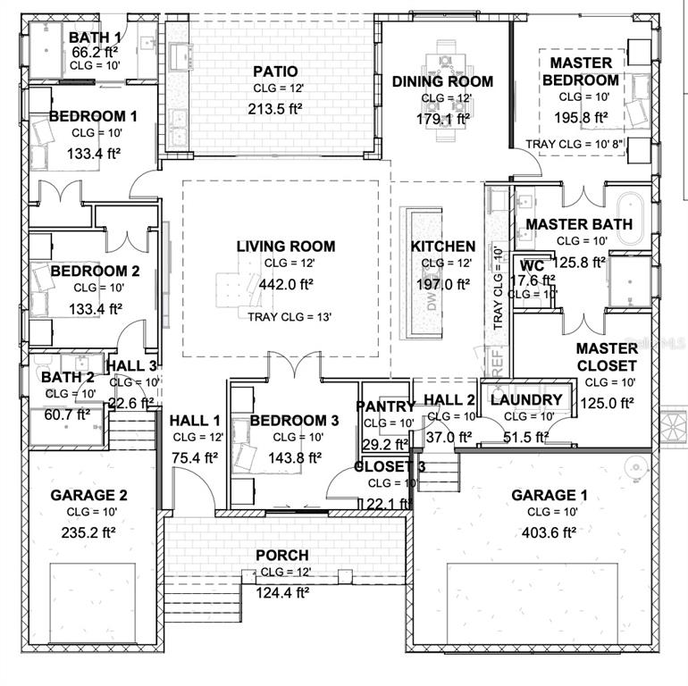 This is a floor plan for a single-story house with three bedrooms and two garages — 8618 SANTA CRUZ DRIVE, PORT CHARLOTTE, FL