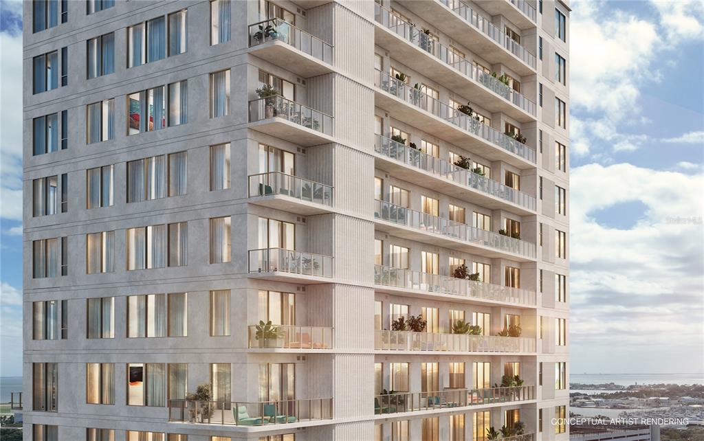 This is a conceptual artist rendering of the exterior facade of a modern high-rise apartment building — 344 4TH STREET S UNIT 1101A, ST PETERSBURG, FL
