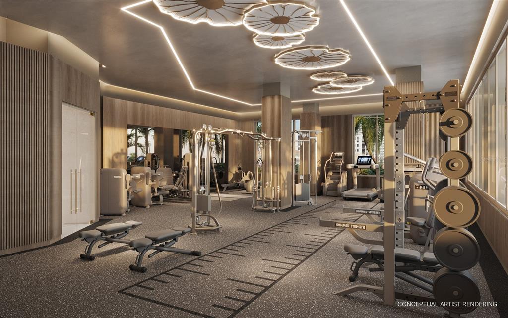 This conceptual artist rendering shows a modern gym with exercise equipment, wood-paneled walls, and lighting — 344 4TH STREET S UNIT 1101A, ST PETERSBURG, FL