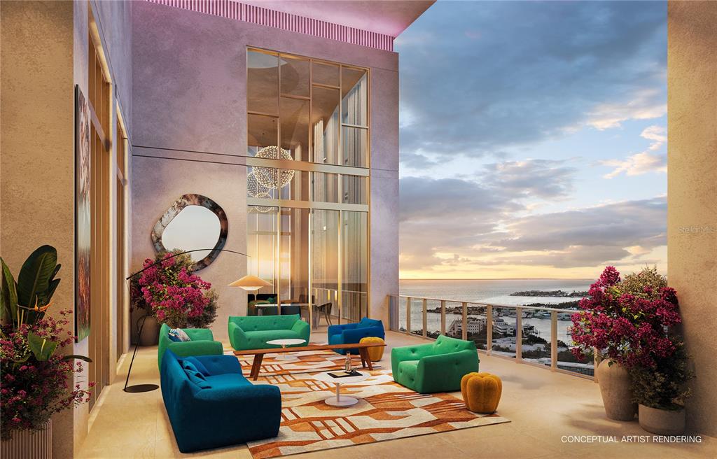 This conceptual artist rendering shows a modern outdoor balcony with lounge seating overlooking the ocean — 344 4TH STREET S UNIT 1101A, ST PETERSBURG, FL