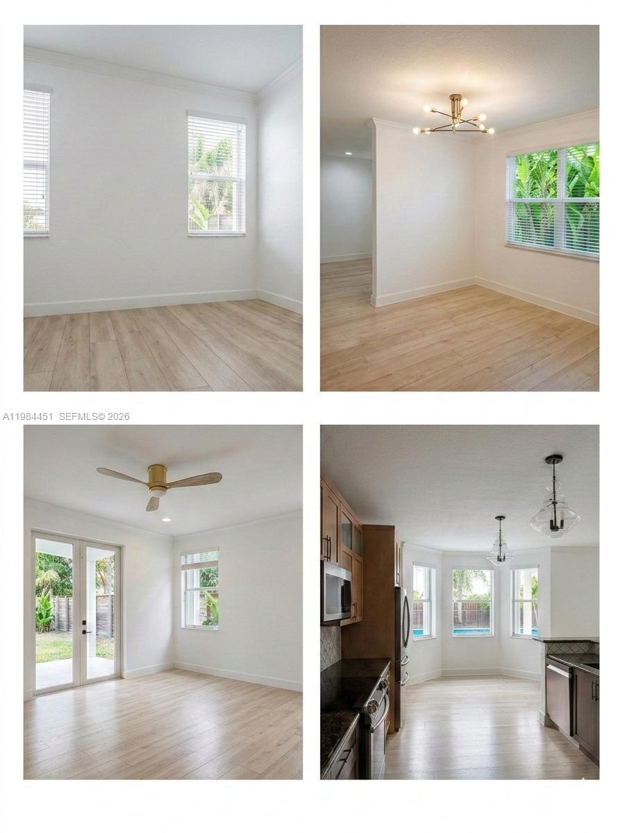 This collage shows four interior views of a home featuring light wood-look flooring throughout — 16364 SW 63rd Ter, Miami FL 33193, MIAMI, FL