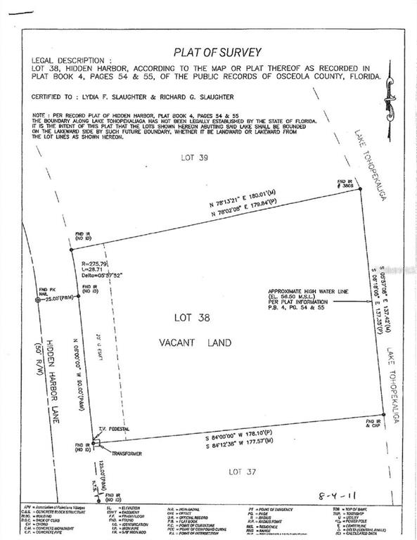 This is a plat of survey map for Lot 38 in Hidden Harbor, Florida — 0 HIDDEN HARBOR LANE, KISSIMMEE, FL