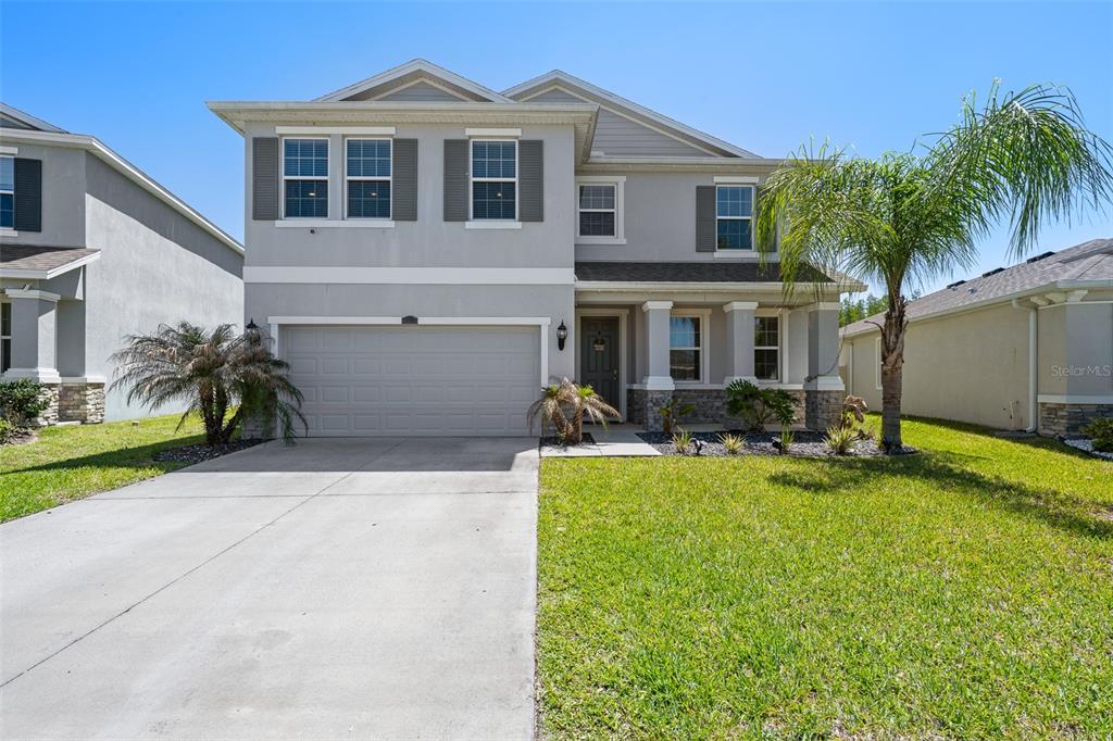 A two-story suburban house with a gray stucco exterior, a two-car garage, and a palm tree — 8693 BOWER BASS CIRCLE, WESLEY CHAPEL, FL