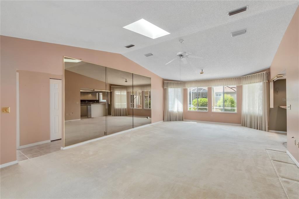 A spacious living room features beige carpeting, vaulted ceilings, a large mirrored wall, and windows — 8156 SW 108TH LANE ROAD, OCALA, FL