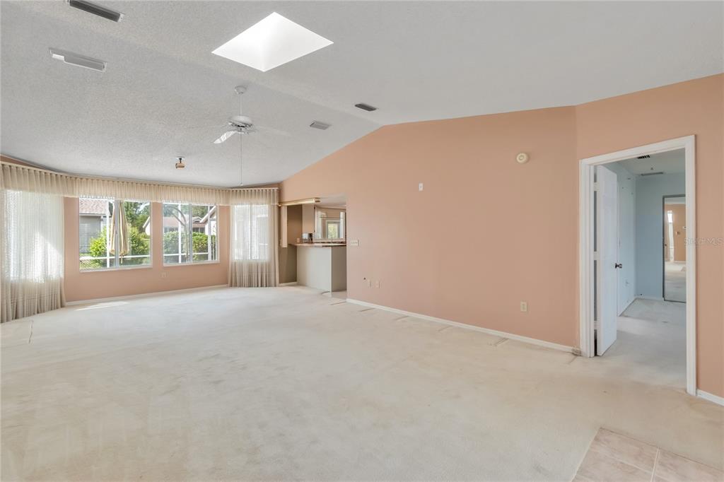 A spacious living room features vaulted ceilings, a skylight, beige carpeting, and peach-colored walls — 8156 SW 108TH LANE ROAD, OCALA, FL
