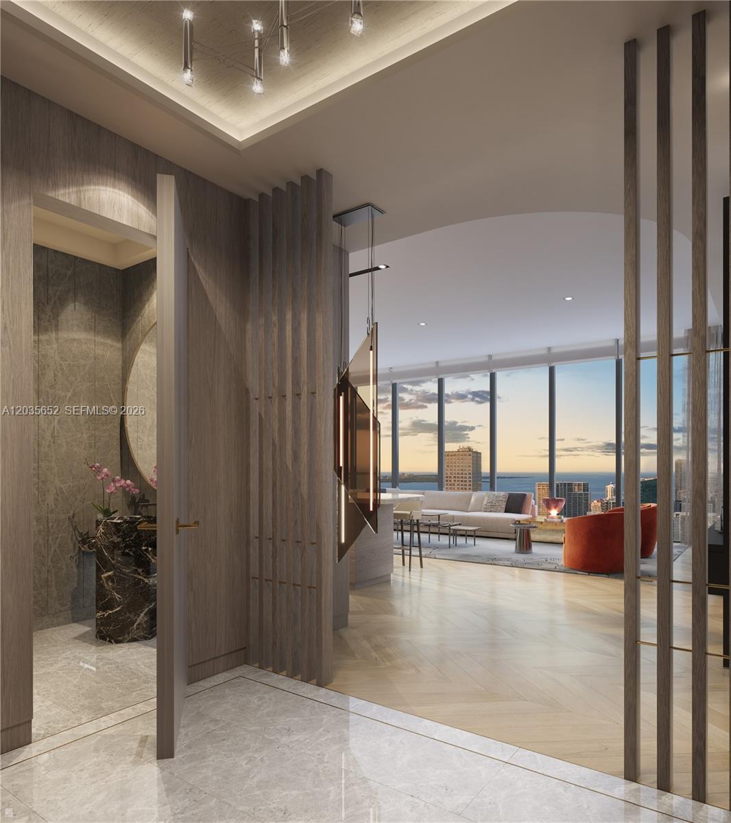 This rendering shows a modern entryway leading to a living area with floor-to-ceiling windows — 300 N Biscayne Boulevard # 8401, Miami FL 33132, MIAMI, FL
