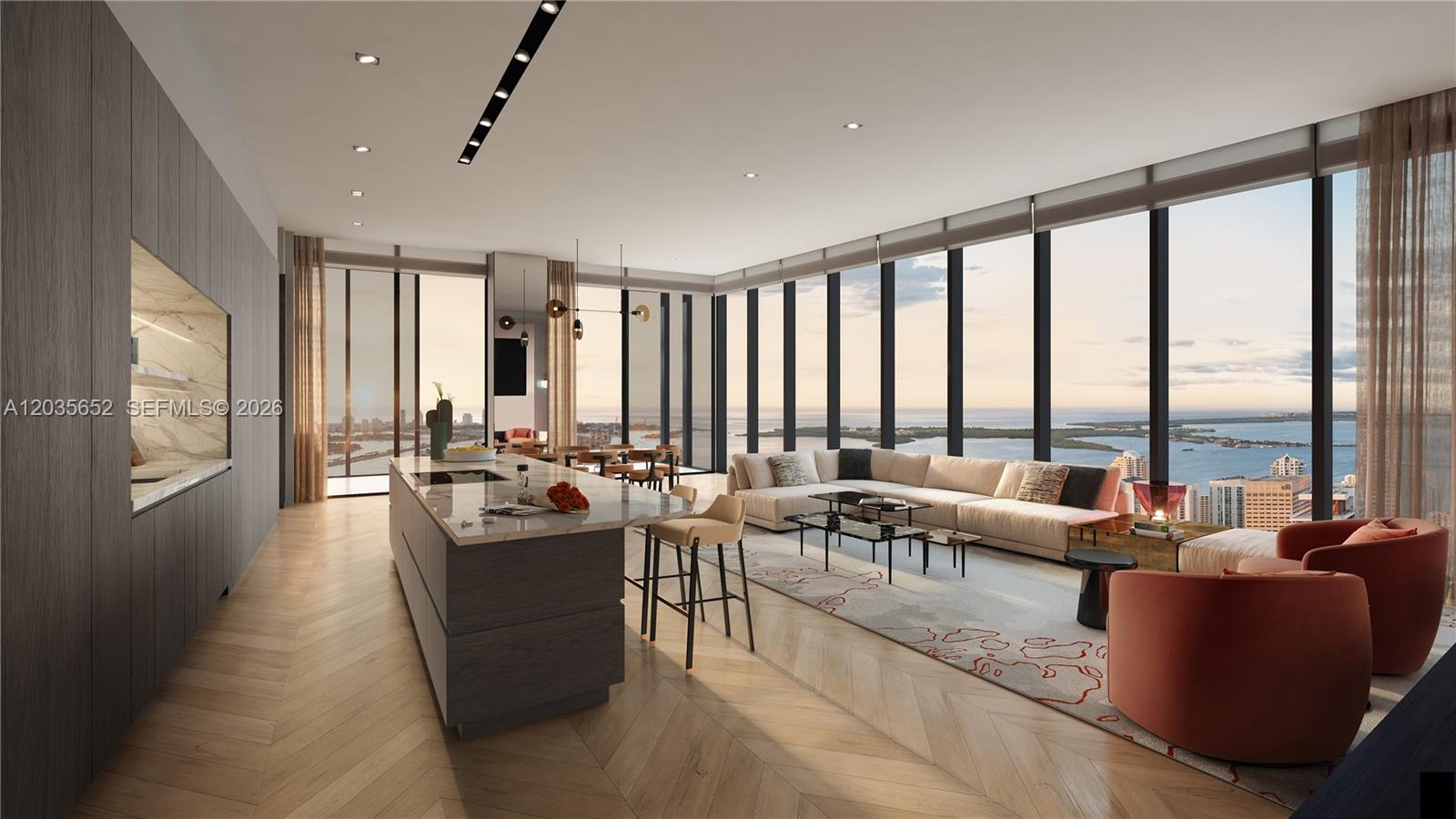 This rendering shows a modern open-concept living area with floor-to-ceiling windows and ocean views — 300 N Biscayne Boulevard # 8401, Miami FL 33132, MIAMI, FL