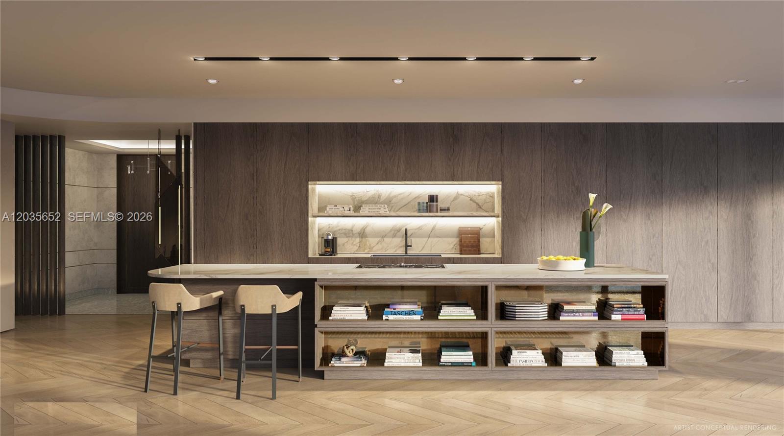 This artist conceptual rendering shows a modern kitchen with a large island and wood cabinetry — 300 N Biscayne Boulevard # 8401, Miami FL 33132, MIAMI, FL