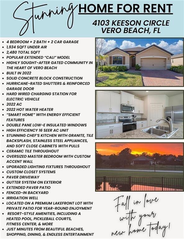This real estate flyer features photos of a house exterior, kitchen, and lakefront sunset view — 4103 Keeson Circle, Vero Beach FL 32967, VERO BEACH, FL