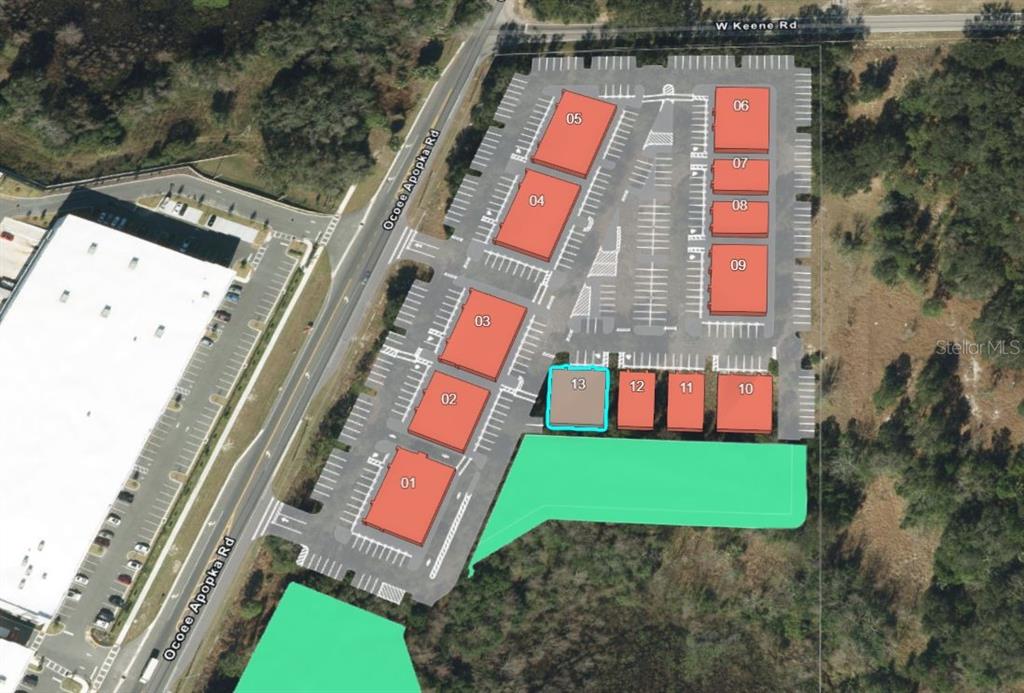 This is an aerial site plan showing a commercial complex with numbered buildings and parking lots — 2835 OCOEE APOPKA ROAD UNIT 13, APOPKA, FL