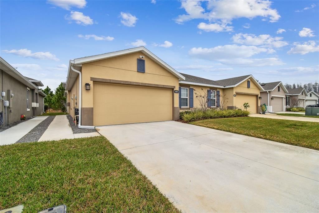 A beige single-story house with a two-car garage and a concrete driveway — 18053 TURNING LEAF CIRCLE, LAND O LAKES, FL