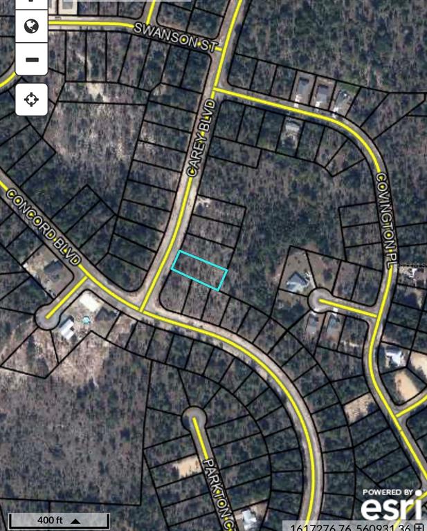 This is an aerial map showing a vacant residential lot outlined in blue — TBD CAREY BOULEVARD, CHIPLEY, FL