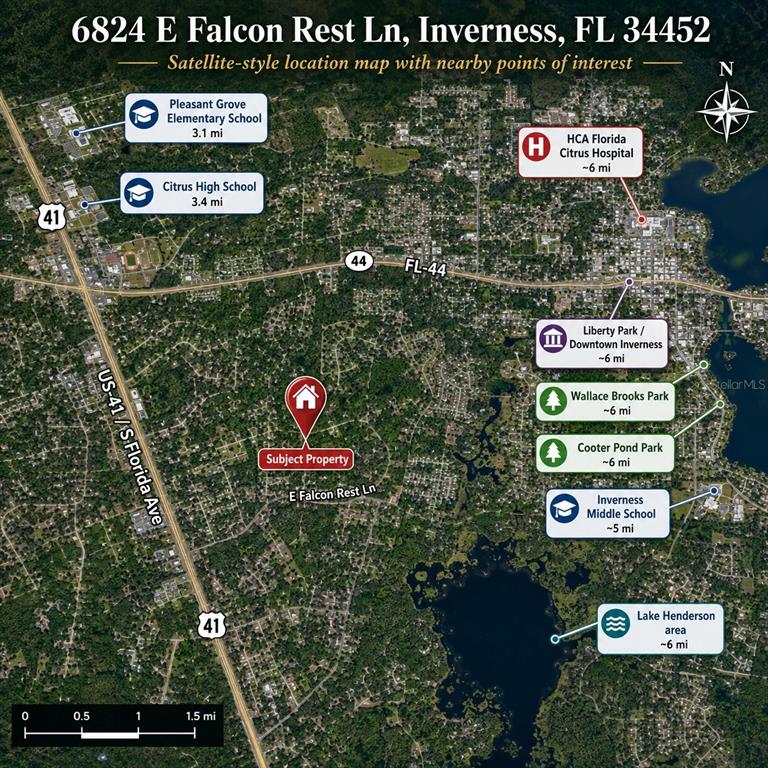 This is a satellite-style map showing the location of a property and nearby points of interest — 6824 E FALCON REST LN, INVERNESS, FL