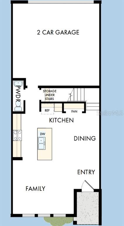 This is a floor plan of a home's main level featuring a garage, kitchen, and family room — 5588 COOPERS HAWK CT, ST CLOUD, FL