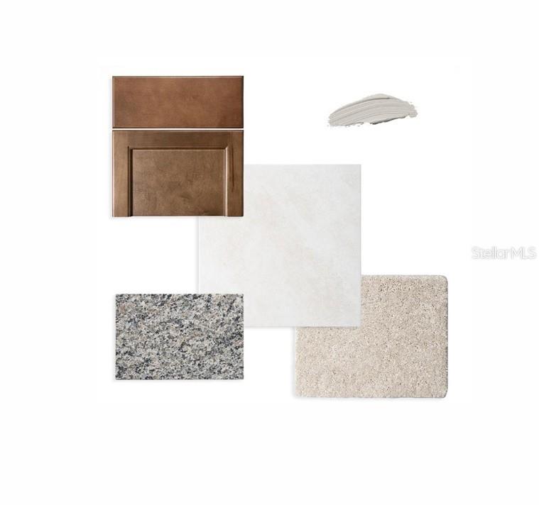 This is a digital rendering of interior design material samples, including cabinetry, tile, and flooring — 5588 COOPERS HAWK CT, ST CLOUD, FL
