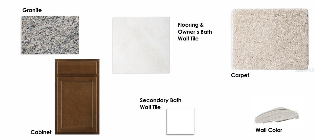 This image displays a collage of interior design material samples, including granite, cabinetry, tile, and carpet — 5588 COOPERS HAWK CT, ST CLOUD, FL