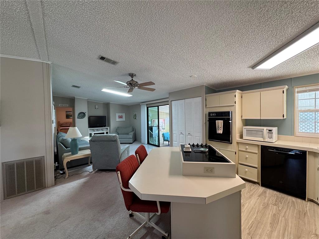 An open-concept kitchen and living area featuring a central island, carpeted floors, and sliding doors — 6394 LOLLY BAY LOOP NE, WINTER HAVEN, FL