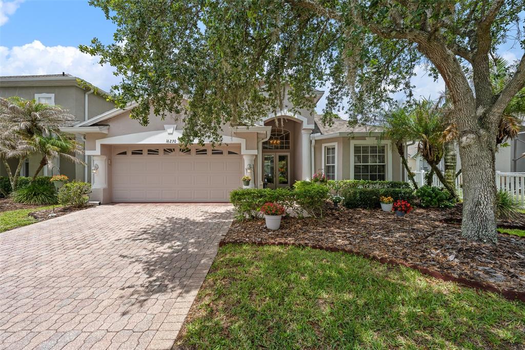 A single-story house with a paved driveway, tan stucco exterior, and a large oak tree — 16230 NOTTINGHAM PARKWAY, TAMPA, FL