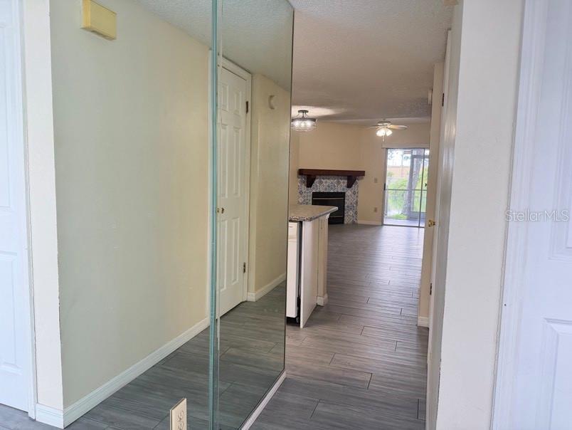 A view from a hallway looking toward a living area with a fireplace and patio — 7514 COLONIAL COURT, TAMPA, FL