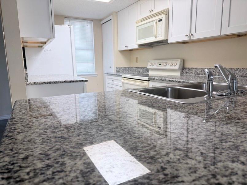 A kitchen features granite countertops, white cabinets, a double sink, and white appliances — 7514 COLONIAL COURT, TAMPA, FL
