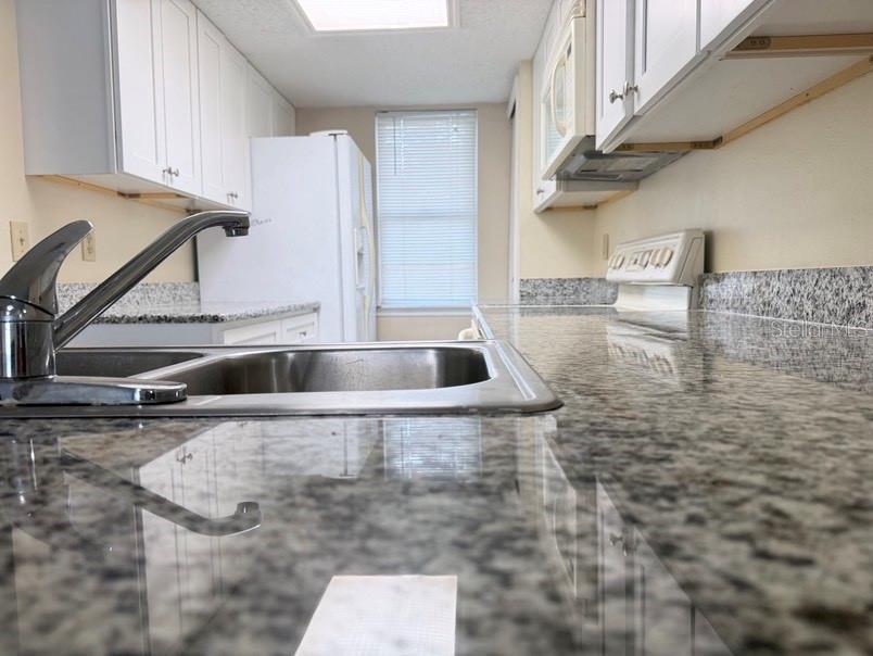 A kitchen features white cabinets, granite countertops, a stainless steel sink, and a white refrigerator — 7514 COLONIAL COURT, TAMPA, FL