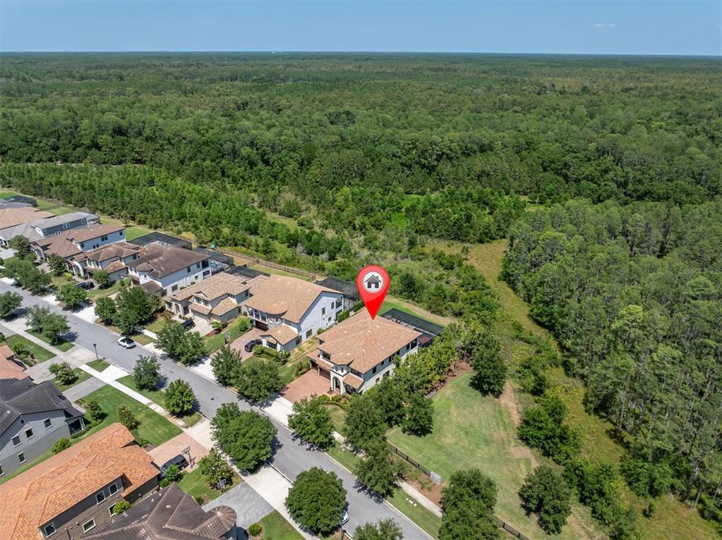 An aerial view shows a suburban house with a pool cage bordering a dense forest — 3100 BARBOUR TRAIL, ODESSA, FL