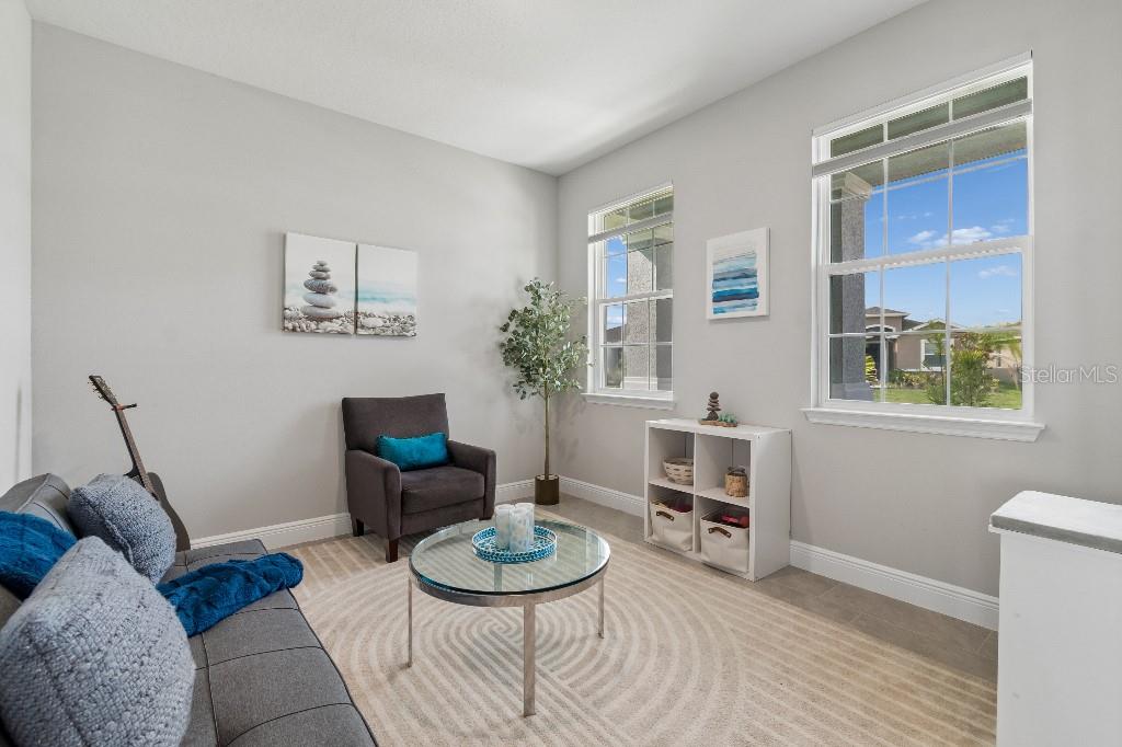 A living room features gray walls, a gray sofa, a dark armchair, and two windows — 116 BRIGHT IBIS AVENUE, APOLLO BEACH, FL