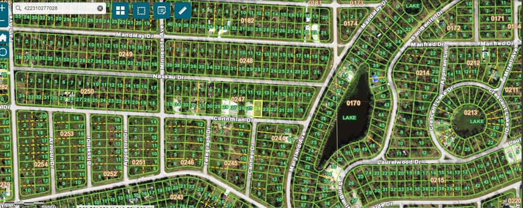 This is a satellite map view of a residential neighborhood with numbered land parcels — 27462 CORINTHIAN DRIVE, PUNTA GORDA, FL