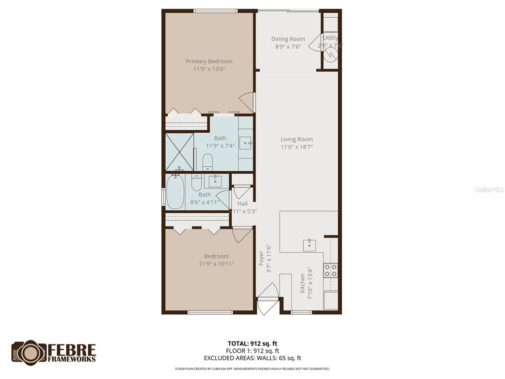 This is a floor plan for a two-bedroom, two-bathroom apartment with an open living area — 9032 MISSION OAKS BOULEVARD UNIT F, SEMINOLE, FL