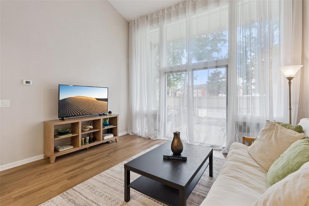 A living room features wood-look flooring, a television on a wooden console, and floor-to-ceiling windows — 6168 PEREGRINE AVENUE UNIT 12B, ORLANDO, FL