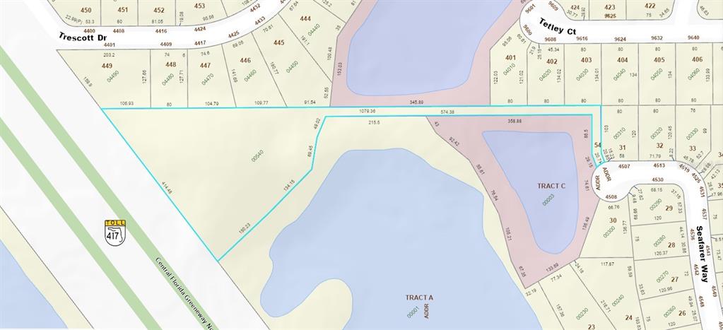 This is a property map showing residential lots, a large tract of land, and water — SEAFARER WAY, ORLANDO, FL