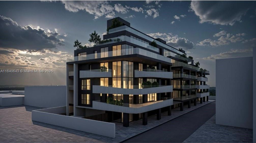 This is a digital architectural rendering of a modern multi-story apartment building at dusk — 8 Via Borroni Monsignore Paolo # 22, Lo, Lo