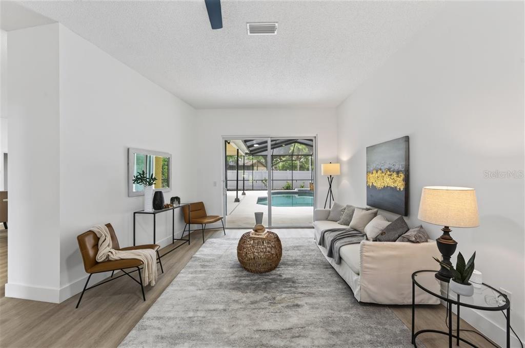 A living room features a sofa, two leather chairs, a coffee table, and sliding glass doors — 11318 POCKET BROOK DRIVE, TAMPA, FL