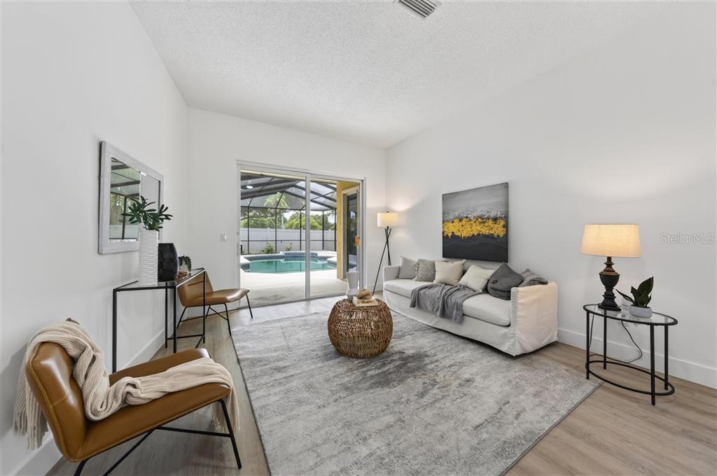 A living room with white walls, a sofa, two chairs, and sliding doors to a pool — 11318 POCKET BROOK DRIVE, TAMPA, FL