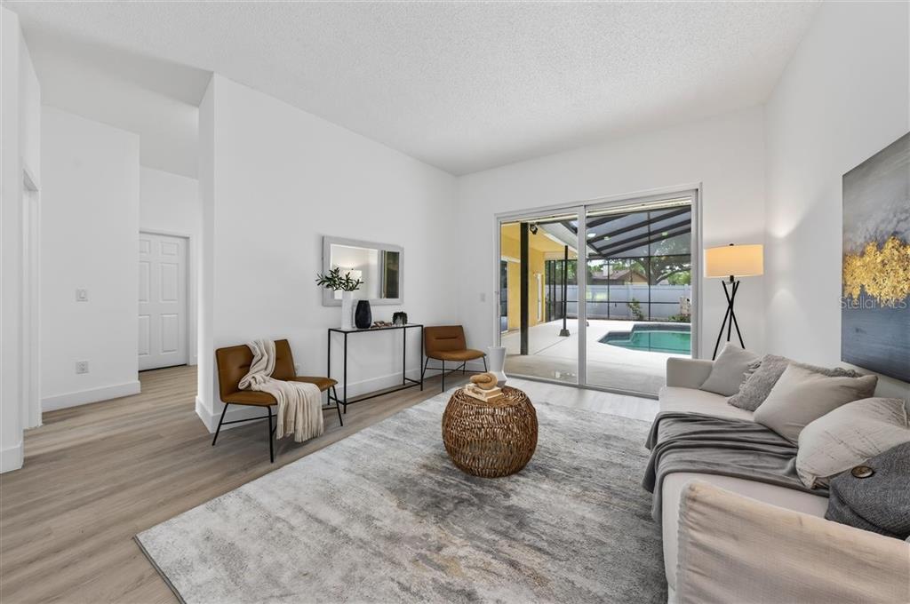 A living room with light wood floors, a gray area rug, and sliding doors to a pool — 11318 POCKET BROOK DRIVE, TAMPA, FL