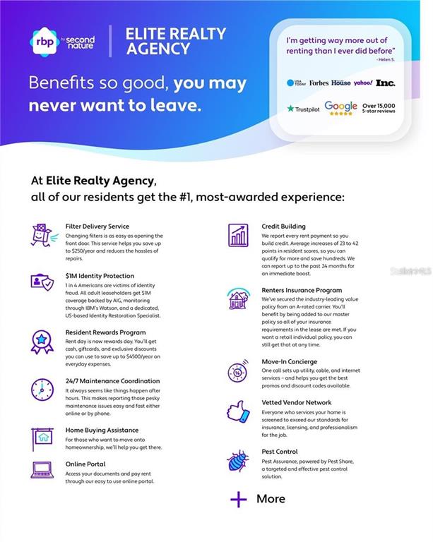 This is an informational flyer detailing the resident benefits and services offered by a realty agency — 352 CARIBBEAN DRIVE UNIT Front, DAVENPORT, FL