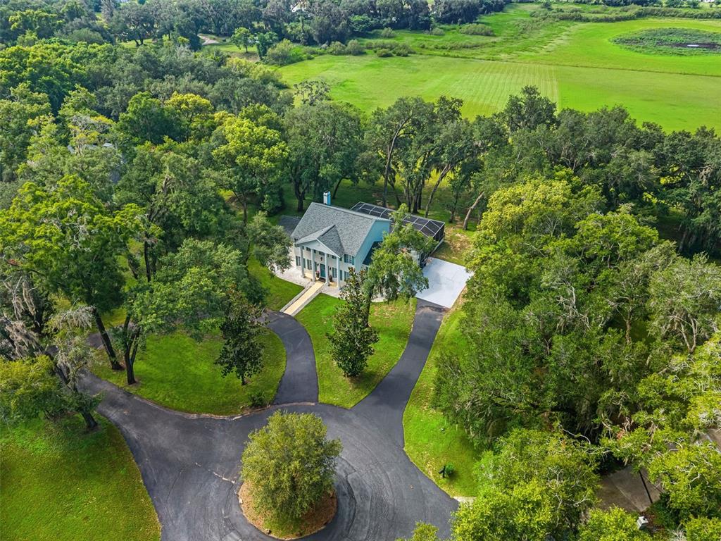 An aerial view shows a two-story house with a circular driveway surrounded by lush trees — 14050 GRANDEUR WAY, DADE CITY, FL