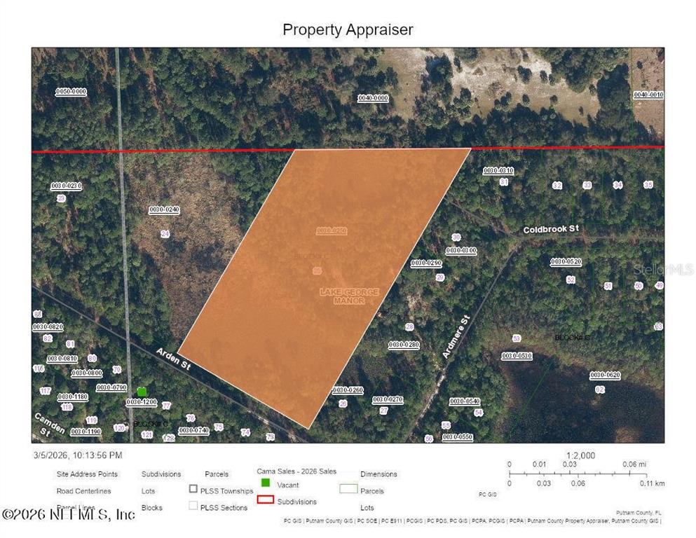 This is a property appraiser map showing a highlighted parcel of land in a subdivision — 148 ARDEN STREET, GEORGETOWN, FL