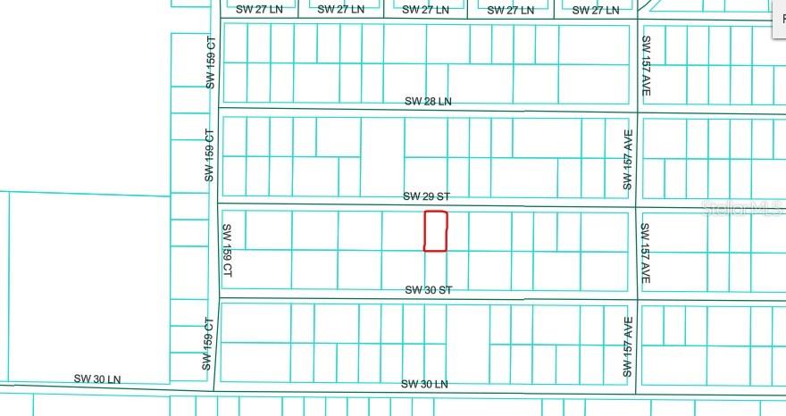 This is a map showing a highlighted rectangular parcel of land within a residential grid — SW 29TH STREET, OCALA, FL