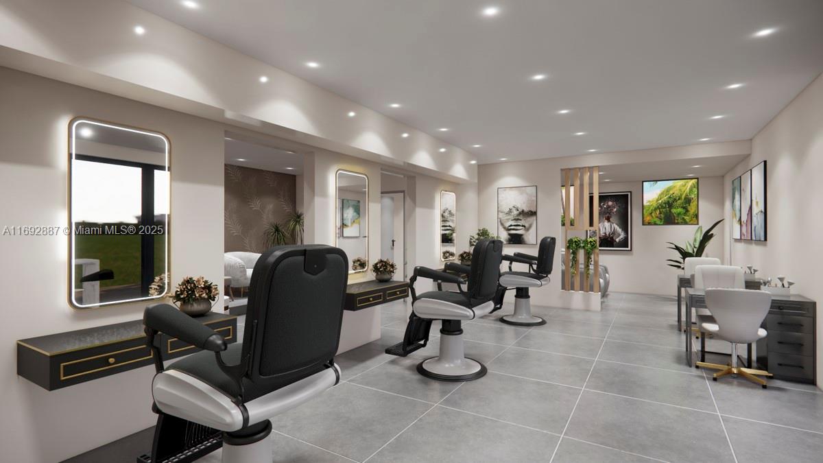 This is a rendering of a modern salon interior featuring styling chairs, mirrors, and tiled flooring — 1446 Ocean Dr # 2, Miami Beach FL 33139, MIAMI BEACH, FL
