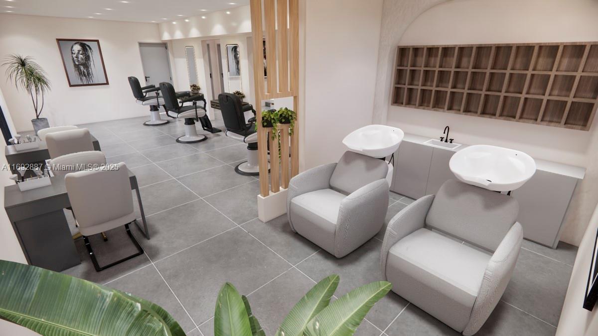 This is a rendering of a modern hair salon featuring styling chairs and shampoo stations — 1446 Ocean Dr # 2, Miami Beach FL 33139, MIAMI BEACH, FL