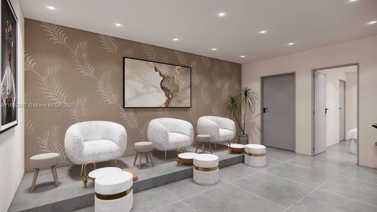 This rendering shows a spa pedicure room with three white armchairs on a raised platform — 1446 Ocean Dr # 2, Miami Beach FL 33139, MIAMI BEACH, FL